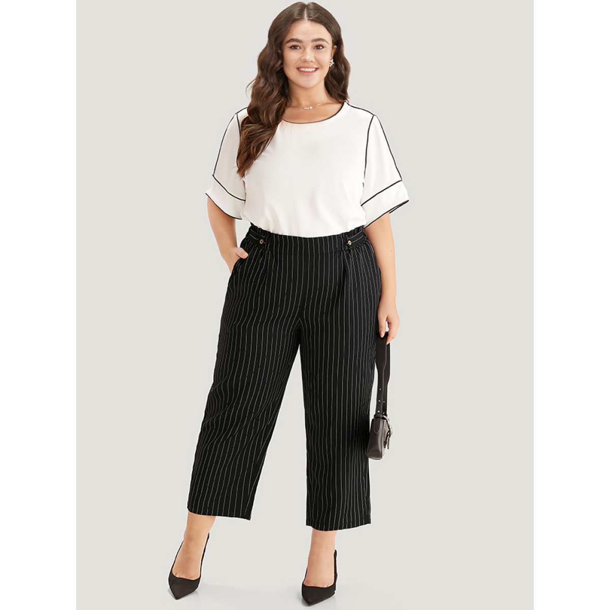 

Plus Size Striped Button Detail Pocket Pleated Pants Women Black Office Straight Leg High Rise Work Pants BloomChic