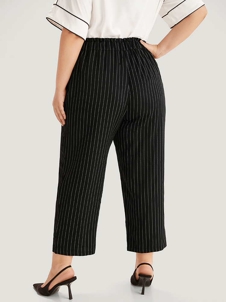 Plus Size Striped Button Detail Pocket Pleated Pants Women Black Office Straight Leg High Rise Work Pants BloomChic 14-16/1X 