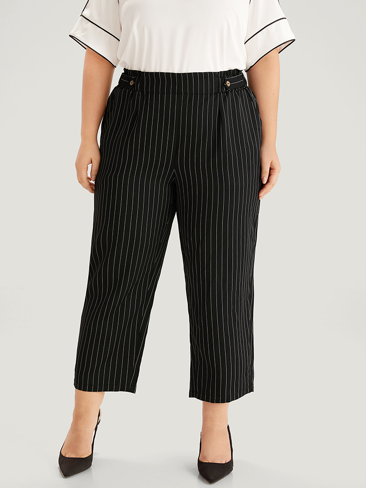 Plus Size Striped Button Detail Pocket Pleated Pants Women Black Office Straight Leg High Rise Work Pants BloomChic 14-16/1X 