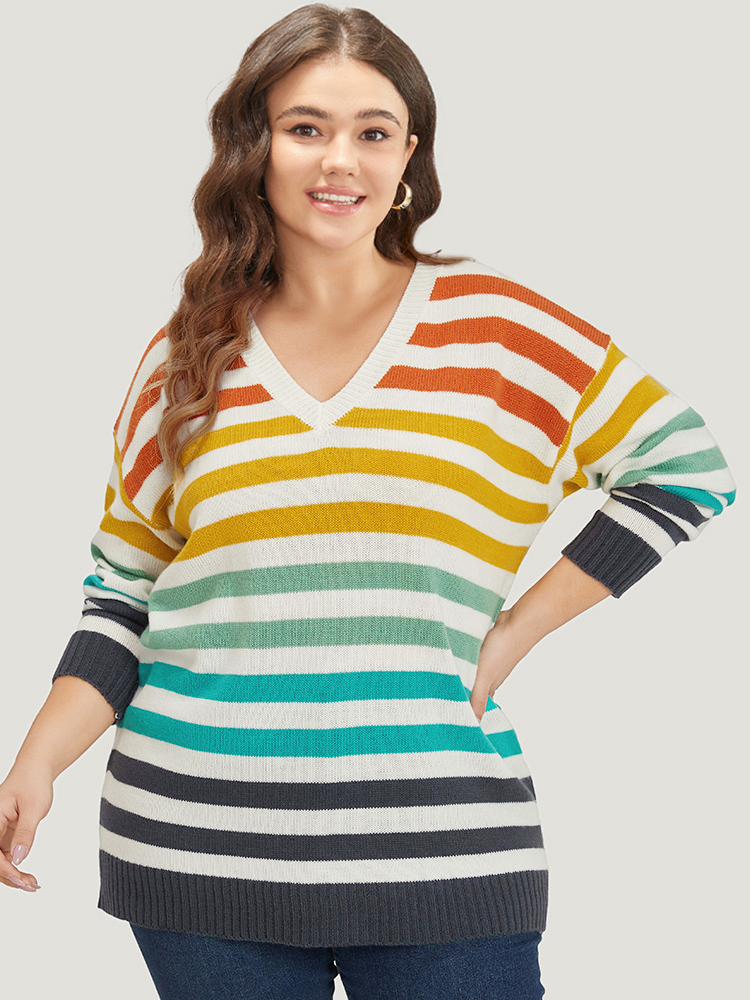 

Plus Size Rainbow Print V Neck Elastic Cuffs Pullover Multicolor Women Casual Loose Long Sleeve V-neck Dailywear Pullovers BloomChic