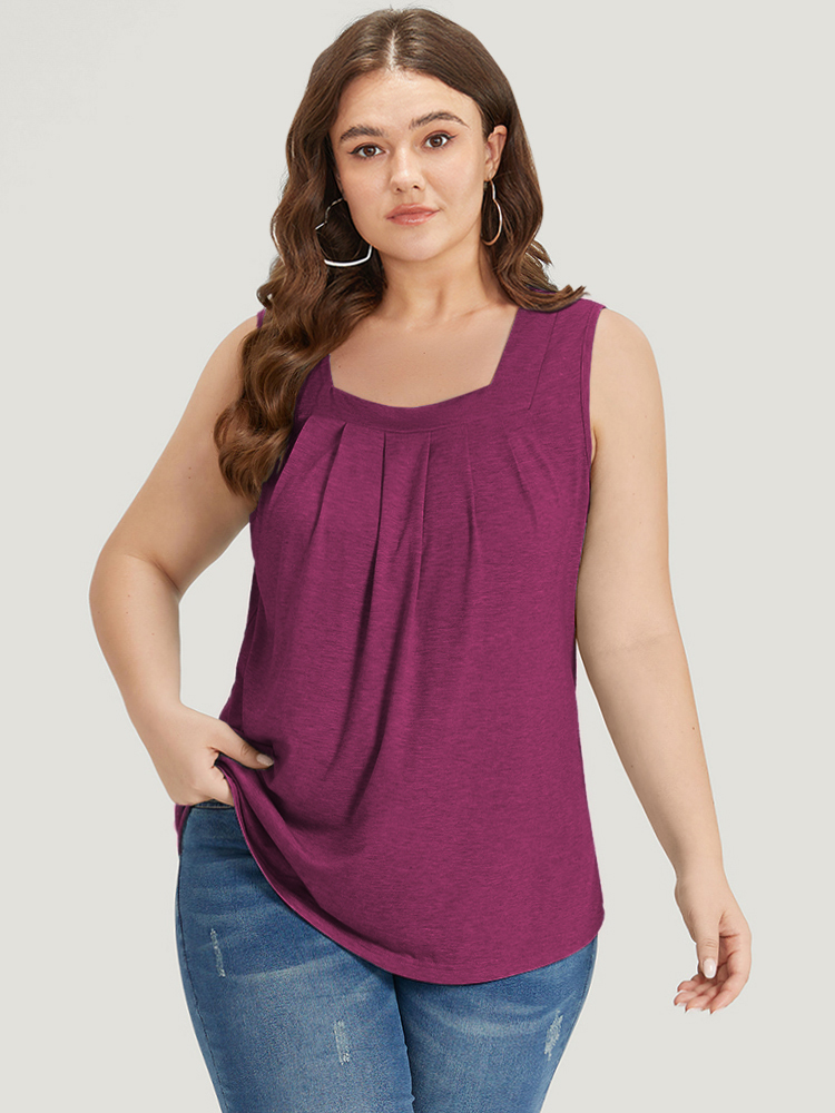 

Plus Size Heather Plicated Detail Square Neck Tank Top Women Crimson Casual Non U-neck Everyday Tank Tops Camis BloomChic