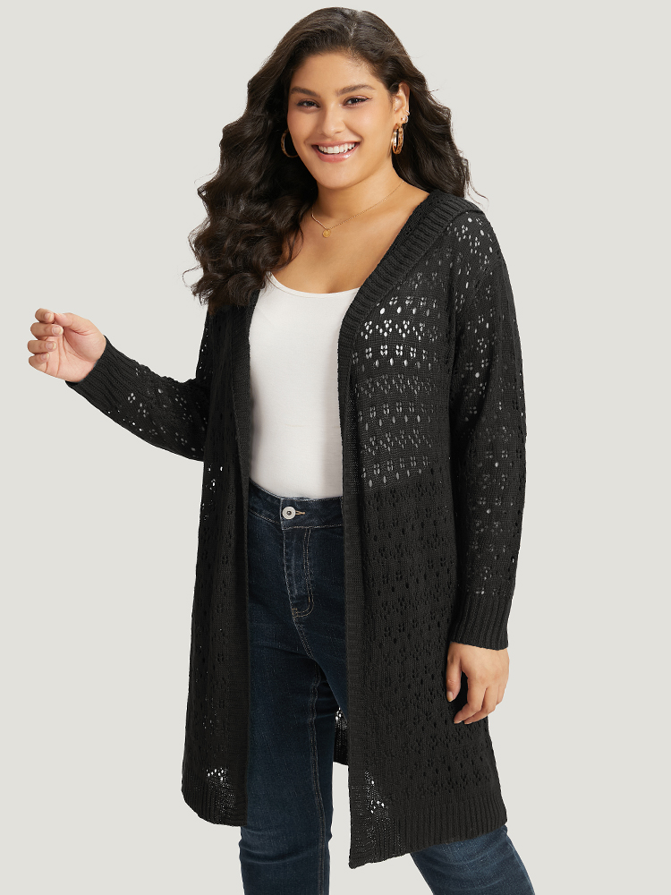 

Plus Size Plain Geometric Eyelet Hooded Tunic Cardigan Black Women Casual Loose Long Sleeve Everyday Cardigans BloomChic