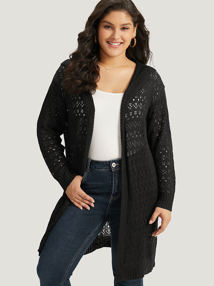 

Plus Size Plain Geometric Eyelet Hooded Tunic Cardigan Black Women Casual Loose Long Sleeve Everyday Cardigans BloomChic