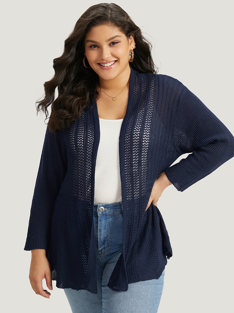 

Plus Size Plain Hollow Out Drop Shoulder Open Front Cardigan Indigo Women Casual Loose Long Sleeve Everyday Cardigans BloomChic