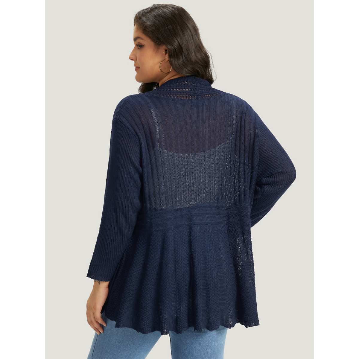 

Plus Size Plain Hollow Out Drop Shoulder Open Front Cardigan Indigo Women Casual Loose Long Sleeve Everyday Cardigans BloomChic