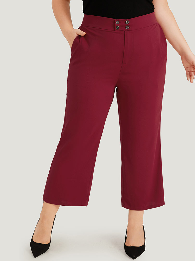 

Plus Size Solid Button Detail Slant Pocket High Rise Pants Women Scarlet Office Straight Leg High Rise Work Pants BloomChic