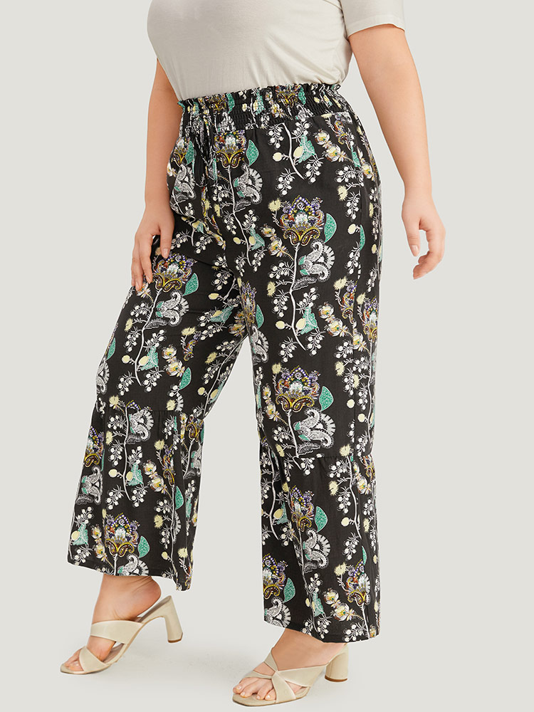 

Plus Size Floral Print Shirred Bootcut Ties Pocket Pants Women BlackFlower Elegant Bootcut High Rise Dailywear Pants BloomChic