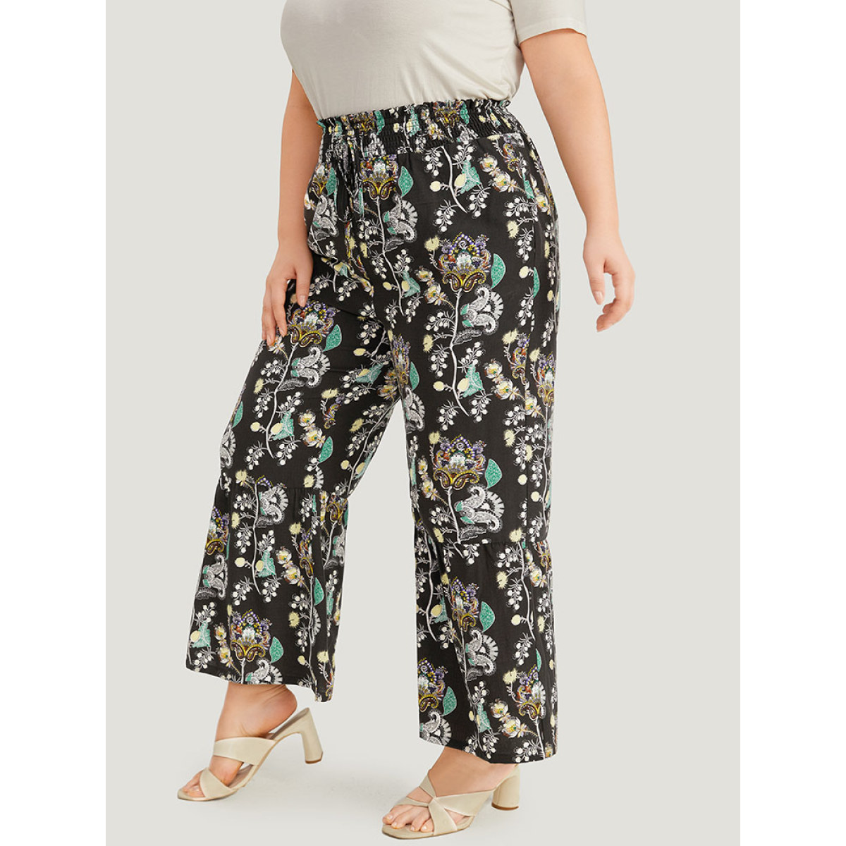 

Plus Size Floral Print Shirred Bootcut Ties Pocket Pants Women BlackFlower Elegant Bootcut High Rise Dailywear Pants BloomChic