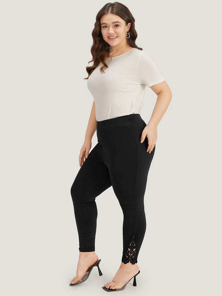 

Plus Size Plain Lace Panel Skinny Elastic Waist Leggings Women Black Elegant High stretch Skinny High Rise Dailywear Leggings BloomChic