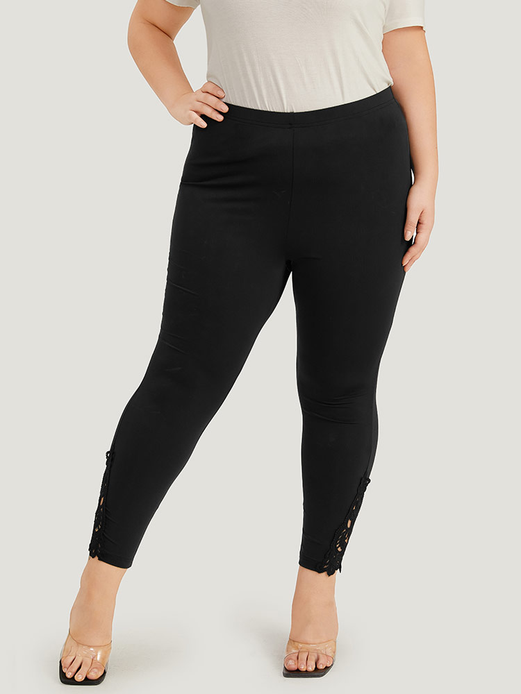 Plus Size Plain Lace Panel Skinny Elastic Waist Leggings Women Black Elegant High stretch Skinny High Rise Dailywear Leggings BloomChic 26/4X 
