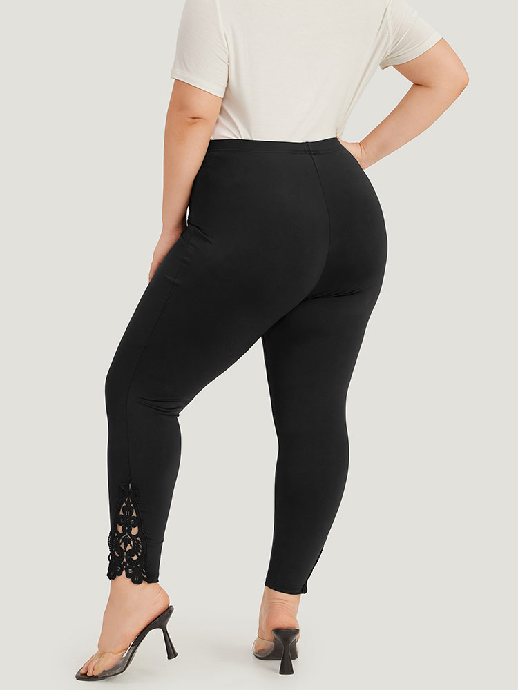 Plus Size Plain Lace Panel Skinny Elastic Waist Leggings Women Black Elegant High stretch Skinny High Rise Dailywear Leggings BloomChic 26/4X 