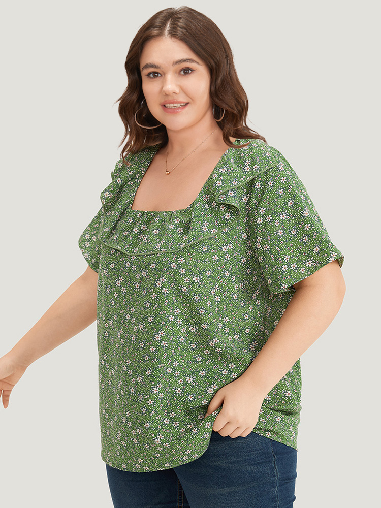 Plus Size Green Ditsy Floral Square Neck Flutter Trim Blouse Women Elegant Short sleeve Square Neck Dailywear Blouses BloomChic 14-16/1X 