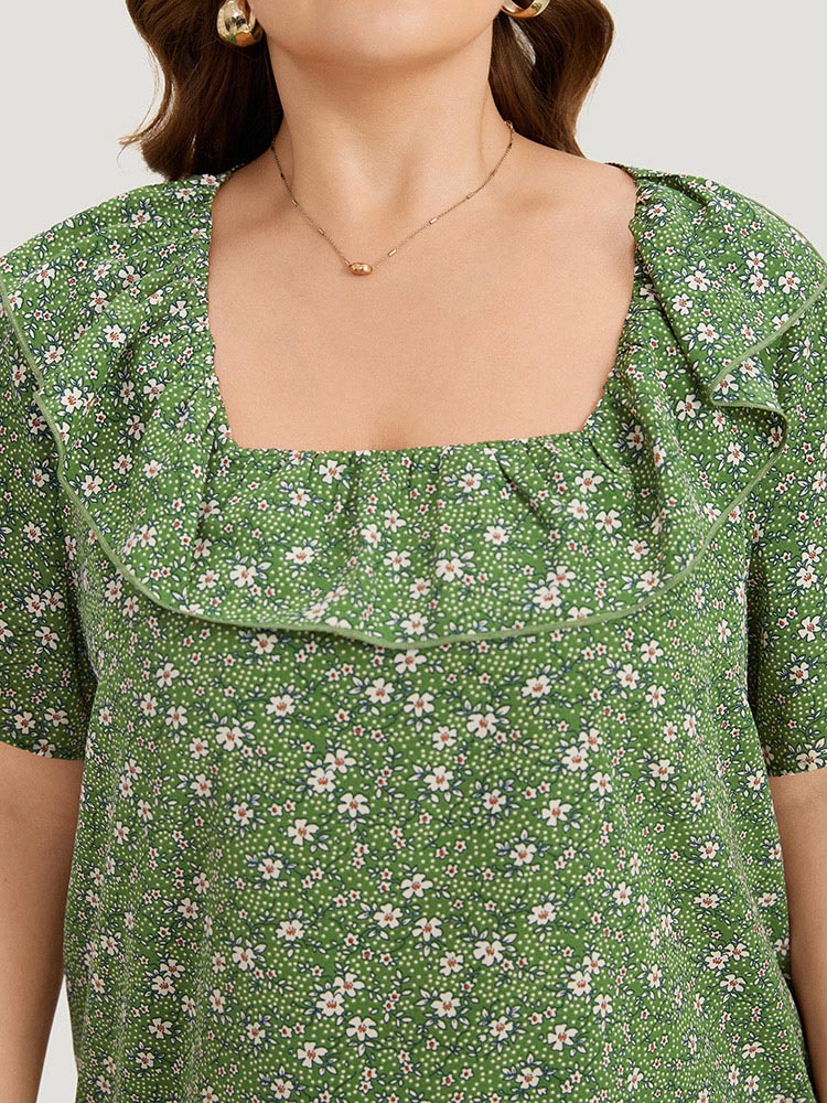 Plus Size Green Ditsy Floral Square Neck Flutter Trim Blouse Women Elegant Short sleeve Square Neck Dailywear Blouses BloomChic 14-16/1X 