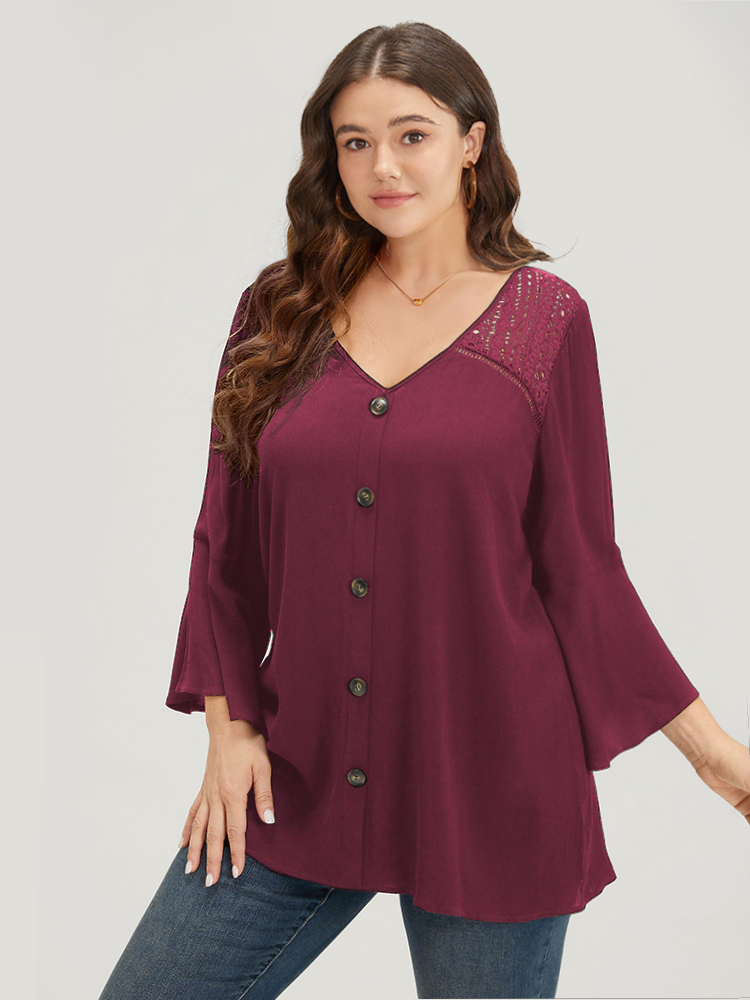 

Plus Size Burgundy Plain Crochet Lace Button Detail Bell Sleeve Blouse Women Elegant Elbow-length sleeve V-neck Dailywear Blouses BloomChic