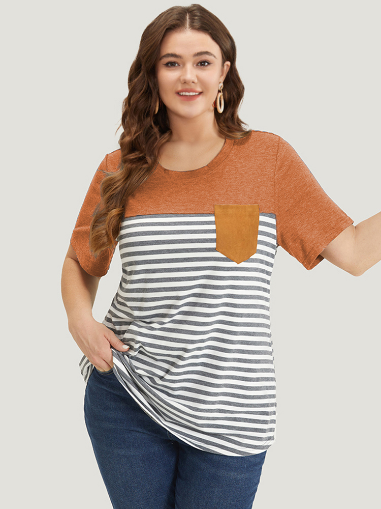 

Plus Size Striped Patchwork Round Neck Patched Pocket T-shirt Chocolate Women Casual Patchwork Striped Round Neck Dailywear T-shirts BloomChic