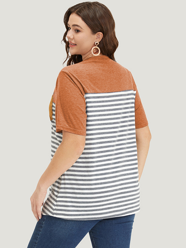 Plus Size Striped Patchwork Round Neck Patched Pocket T-shirt Chocolate Women Casual Patchwork Striped Round Neck Dailywear T-shirts BloomChic 30/6X 