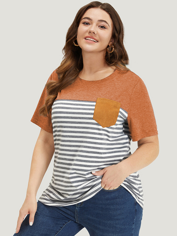 Plus Size Striped Patchwork Round Neck Patched Pocket T-shirt Chocolate Women Casual Patchwork Striped Round Neck Dailywear T-shirts BloomChic 30/6X 