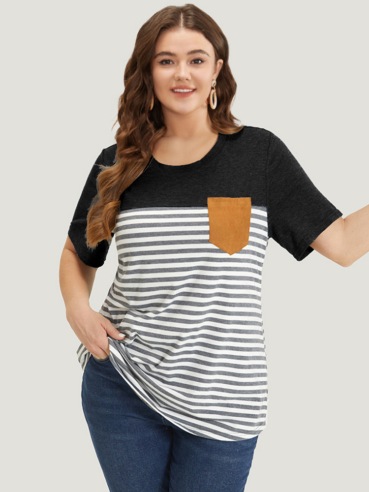 

Plus Size Striped Patchwork Round Neck Patched Pocket T-shirt Black Women Casual Patchwork Striped Round Neck Dailywear T-shirts BloomChic