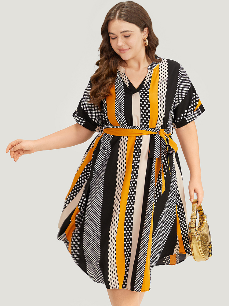 

Plus Size Polka Dot Patchwork Striped Belted Notched Dress Orange Women Office Contrast Notched collar Short sleeve Curvy Midi Dress BloomChic