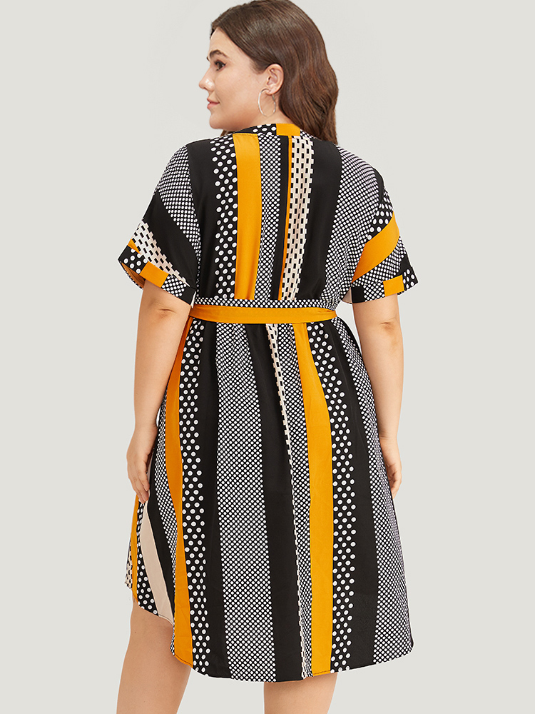 Plus Size Polka Dot Patchwork Striped Belted Notched Dress Orange Women Office Contrast Notched collar Short sleeve Curvy Midi Dress BloomChic 12/L 
