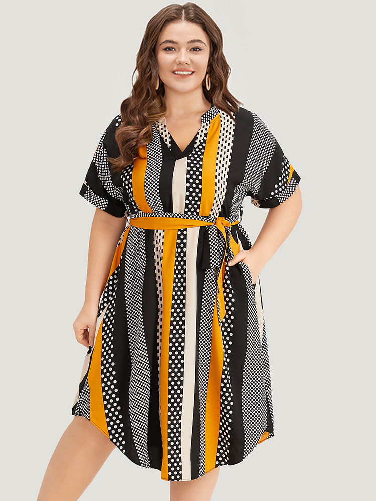 Plus Size Polka Dot Patchwork Striped Belted Notched Dress Orange Women Office Contrast Notched collar Short sleeve Curvy Midi Dress BloomChic 12/L 