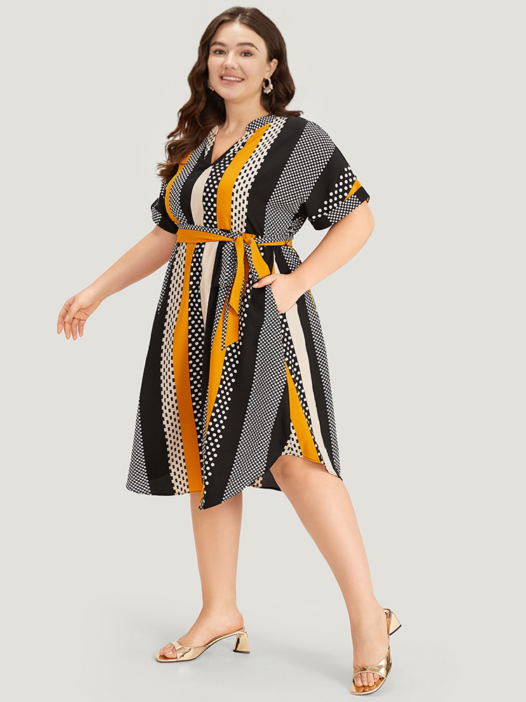 Plus Size Polka Dot Patchwork Striped Belted Notched Dress Orange Women Office Contrast Notched collar Short sleeve Curvy Midi Dress BloomChic 12/L 