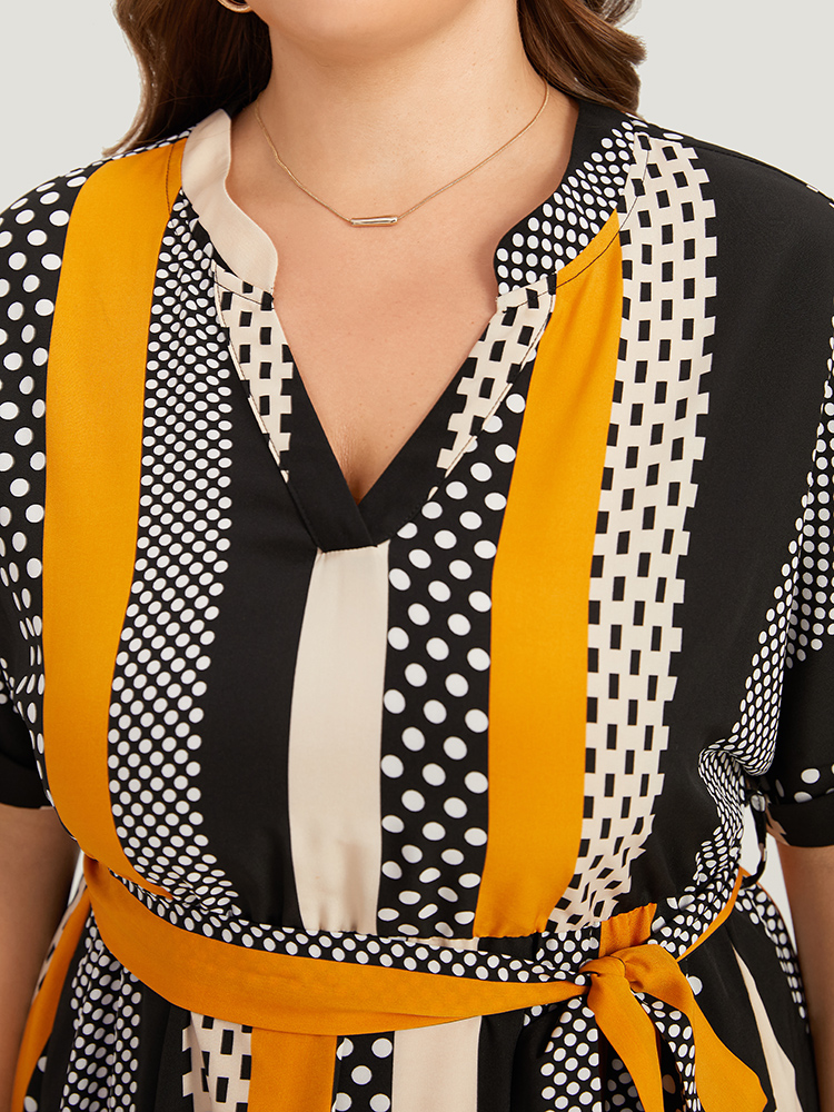 Plus Size Polka Dot Patchwork Striped Belted Notched Dress Orange Women Office Contrast Notched collar Short sleeve Curvy Midi Dress BloomChic 12/L 