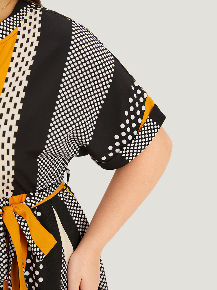Plus Size Polka Dot Patchwork Striped Belted Notched Dress Orange Women Office Contrast Notched collar Short sleeve Curvy Midi Dress BloomChic 12/L 