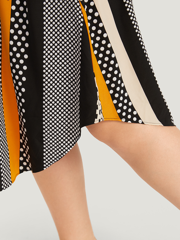 Plus Size Polka Dot Patchwork Striped Belted Notched Dress Orange Women Office Contrast Notched collar Short sleeve Curvy Midi Dress BloomChic 12/L 