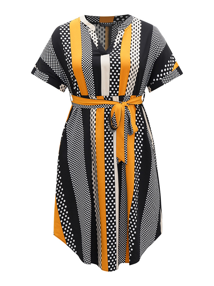 

Plus Size Polka Dot Patchwork Striped Belted Notched Dress Orange Women Contrast Notched collar Short sleeve Curvy Midi Dress BloomChic