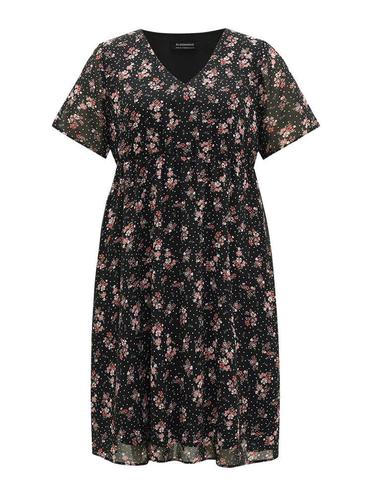 Plus Size Polka Dot & Floral Print Pocket V Neck Dress Black Women Elegant Lined V-neck Short sleeve Curvy Midi Dress BloomChic 14-16/1X 