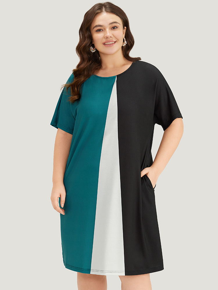 

Plus Size Colorblock Pocket Batwing Sleeve Contrast Patchwork Dress Multicolor Women Casual Plain Round Neck Short sleeve Curvy Midi Dress BloomChic