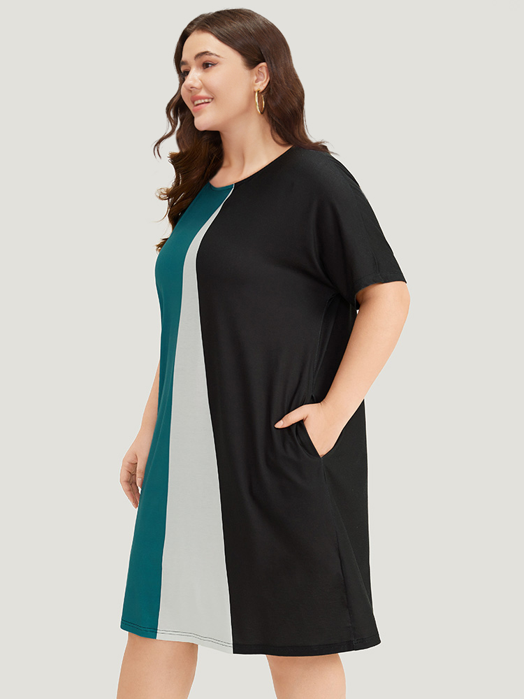 Plus Size Colorblock Pocket Batwing Sleeve Contrast Patchwork Dress Multicolor Women Casual Plain Round Neck Short sleeve Curvy Midi Dress BloomChic 28/5X 