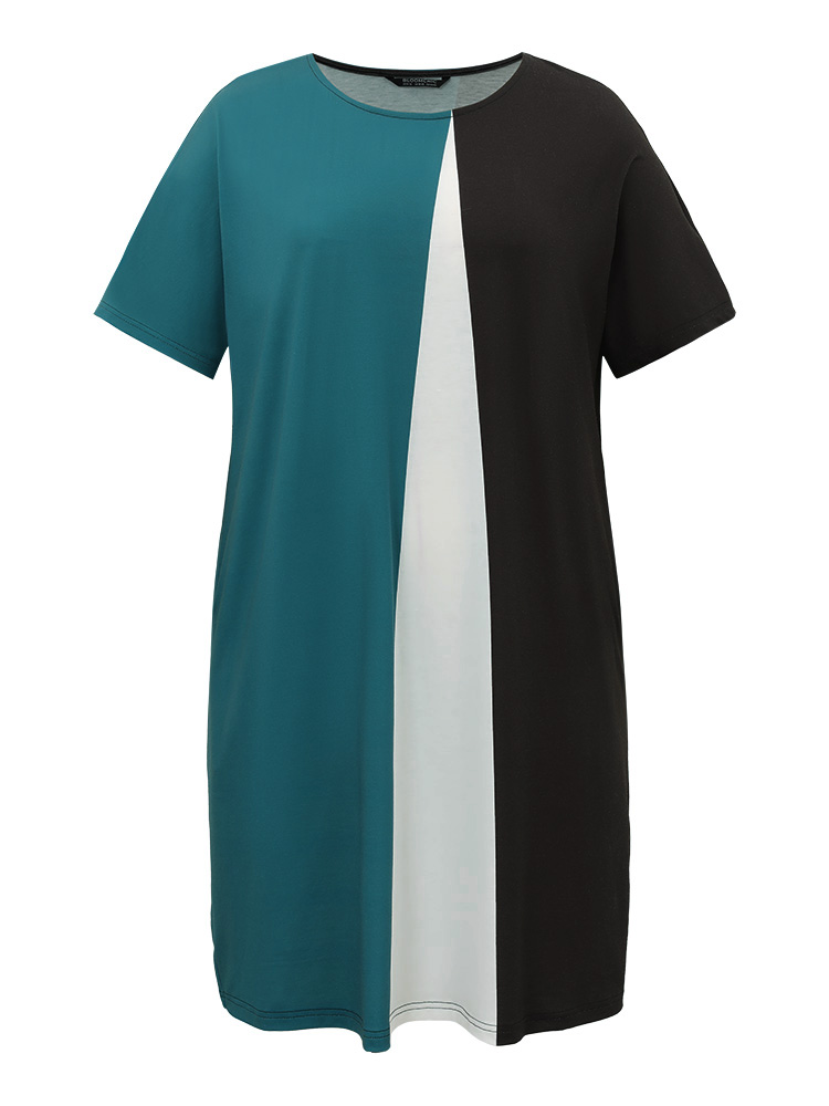 Plus Size Colorblock Pocket Batwing Sleeve Contrast Patchwork Dress Multicolor Women Casual Plain Round Neck Short sleeve Curvy Midi Dress BloomChic 28/5X 