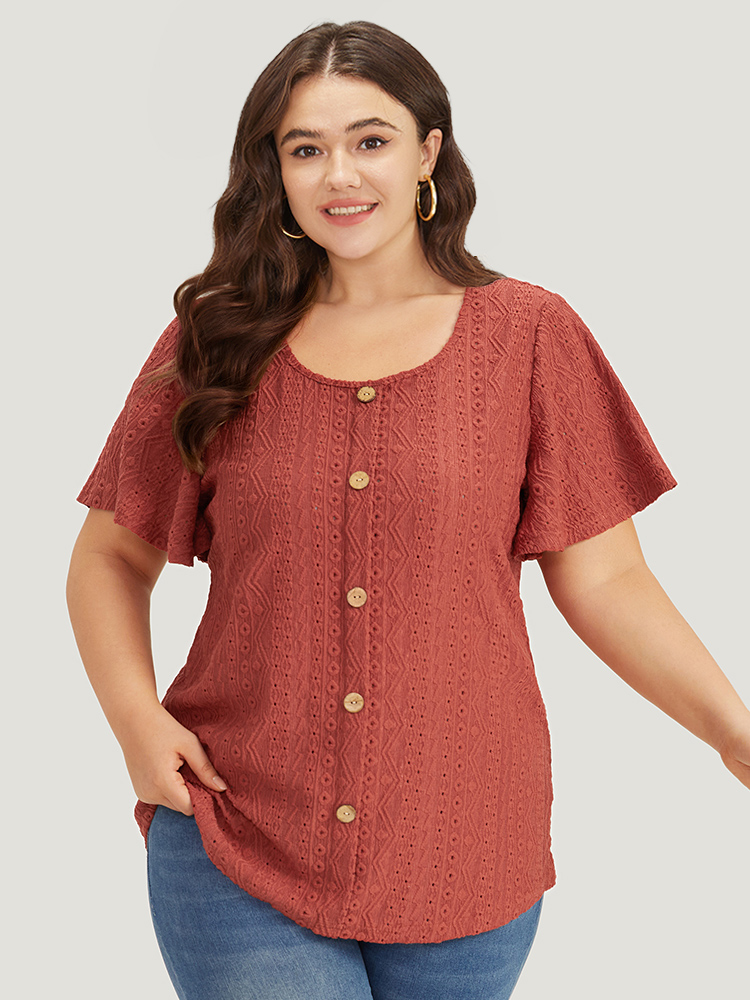 

Plus Size Embroidered Button Detail Crew Neck Flutter Sleeve T-shirt Rust Women Elegant Texture Plain Round Neck Dailywear T-shirts BloomChic