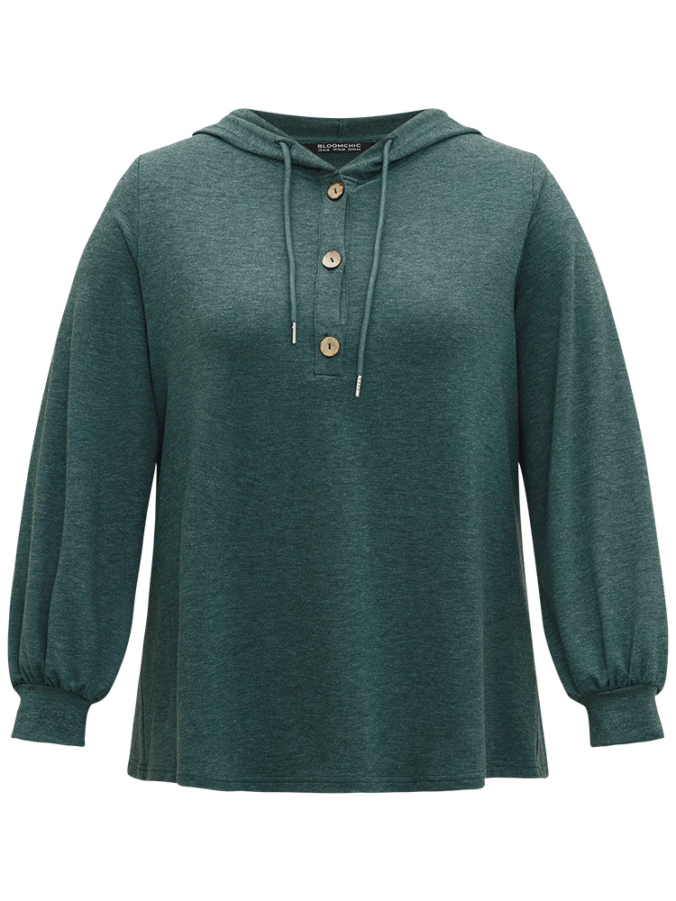 Plus Size Plain Drawstring Button Up Hooded Elastic Cuffs Sweatshirt Women Green Casual Elastic cuffs Hooded Dailywear Sweatshirts BloomChic 14-16/1X 