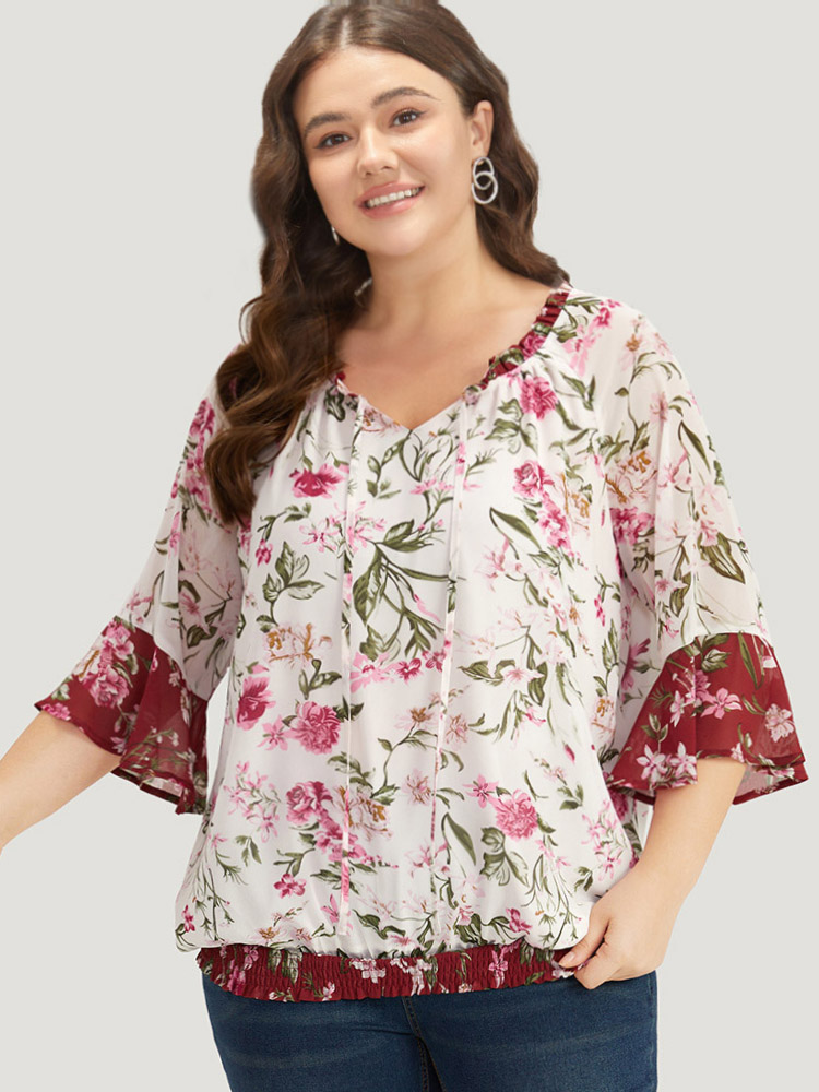 

Plus Size White Floral Contrast Shirred Frill Trim Tie Neck Bell Sleeve Blouse Women Elegant Elbow-length sleeve Tie Neck Dailywear Blouses BloomChic