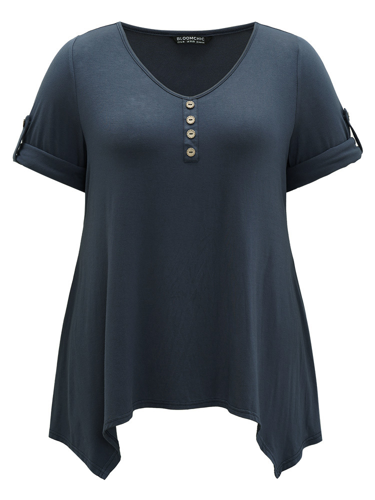 

Plus Size Supersoft Essentials Asymmetrical Hem Roll Sleeve Button Detail T-shirt Indigo Women Casual Plain Plain V-neck Dailywear T-shirts BloomChic