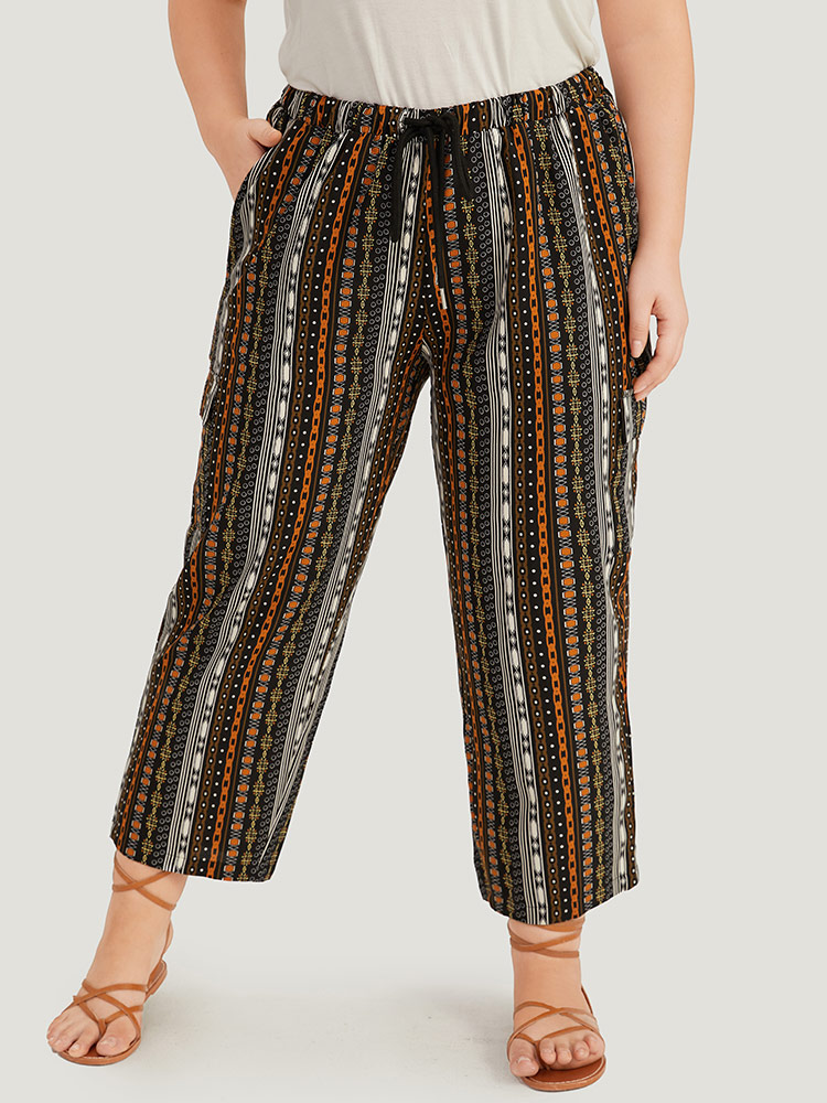 Plus Size Women Dailywear Bohemian Print Elastic Waist High Rise Pocket Casual Pants BloomChic 