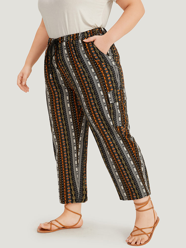 Plus Size Women Dailywear Bohemian Print Elastic Waist High Rise Pocket Casual Pants BloomChic 