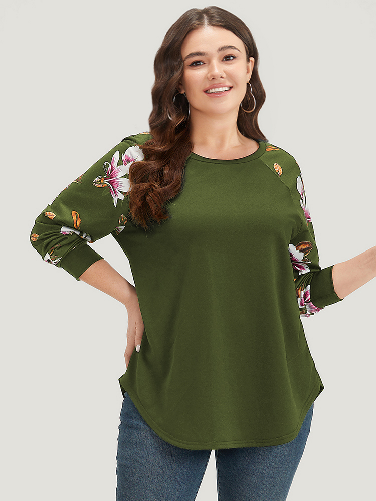 

Plus Size Floral Patchwork Crew Neck Raglan Sleeve Sweatshirt Women ArmyGreen Elegant Elastic cuffs Round Neck Dailywear Sweatshirts BloomChic