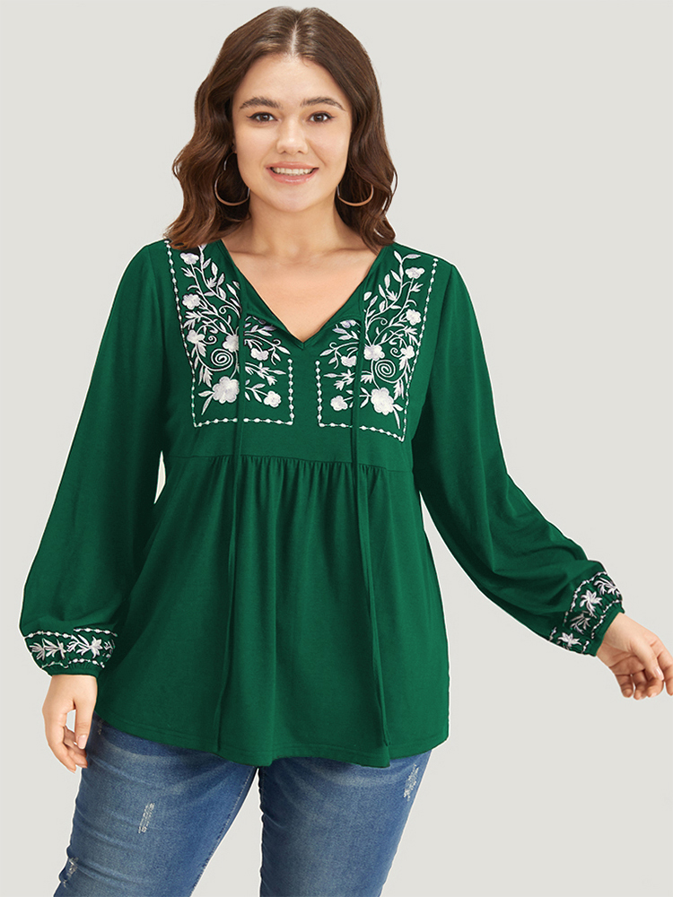 

Plus Size Floral Embroidered Neck-Tie Lantern Sleeve T-shirt Green Tie Neck Long Sleeve Elegant Jersey Tops