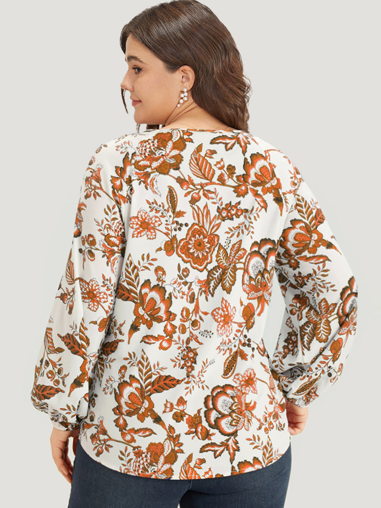 Plus Size Women Dailywear Bohemian Print Elastic cuffs Lantern Sleeve Long Sleeve Tie Neck Vacation Blouses BloomChic 