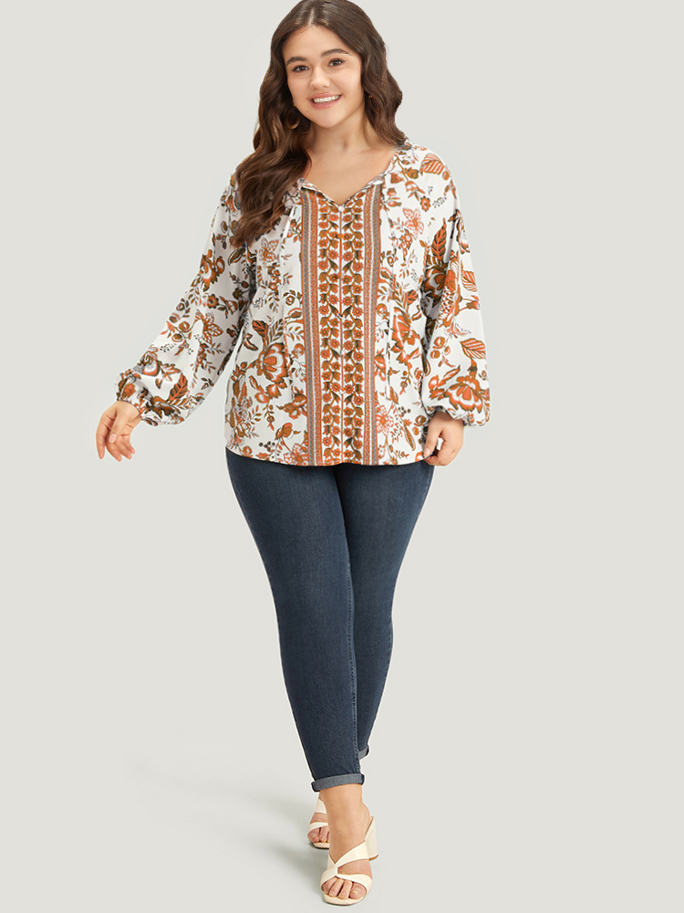 Plus Size Women Dailywear Bohemian Print Elastic cuffs Lantern Sleeve Long Sleeve Tie Neck Vacation Blouses BloomChic 