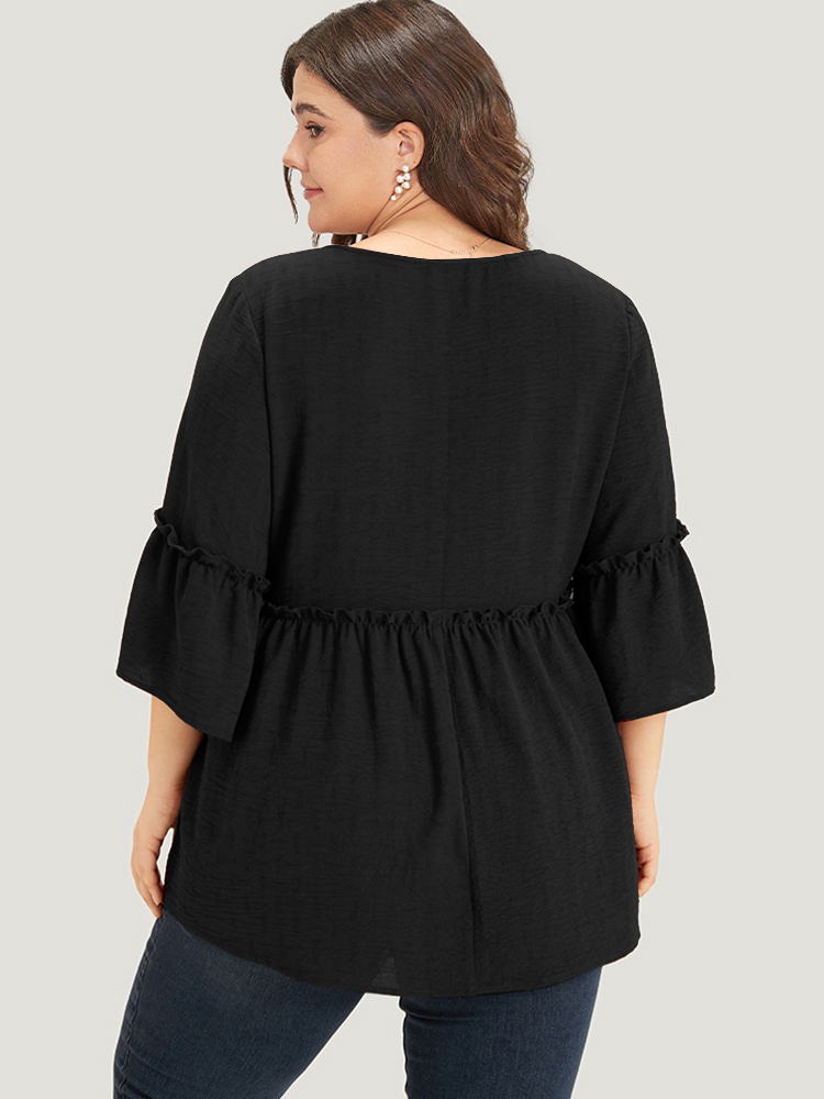 

Plus Size Black Plain V Neck Frill Trim Tassel Bell Hem Blouse Women Vacation Elbow-length sleeve V-neck Dailywear Blouses BloomChic