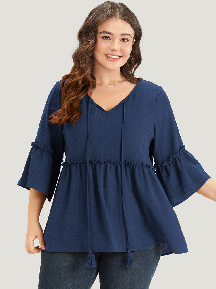 

Plus Size Indigo Plain V Neck Frill Trim Tassel Bell Hem Blouse Women Vacation Elbow-length sleeve V-neck Dailywear Blouses BloomChic