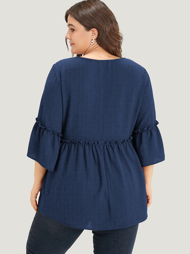 

Plus Size Indigo Plain V Neck Frill Trim Tassel Bell Hem Blouse Women Vacation Elbow-length sleeve V-neck Dailywear Blouses BloomChic