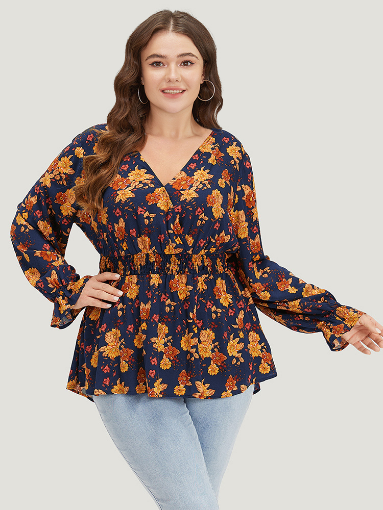 

Plus Size Indigo Floral Print Wrap Shirred Lantern Sleeve Blouse Women Vacation Long Sleeve V-neck Dailywear Blouses BloomChic