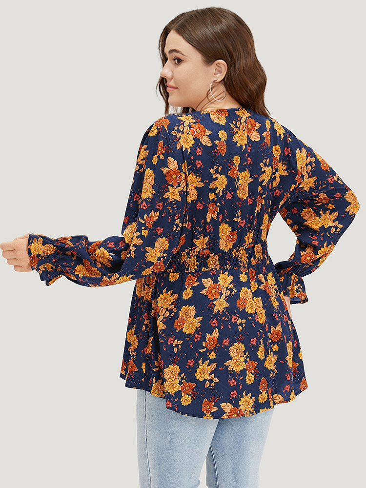 Plus Size Indigo Floral Print Wrap Shirred Lantern Sleeve Blouse Women Vacation Long Sleeve V-neck Dailywear Blouses BloomChic 22-24/3X 