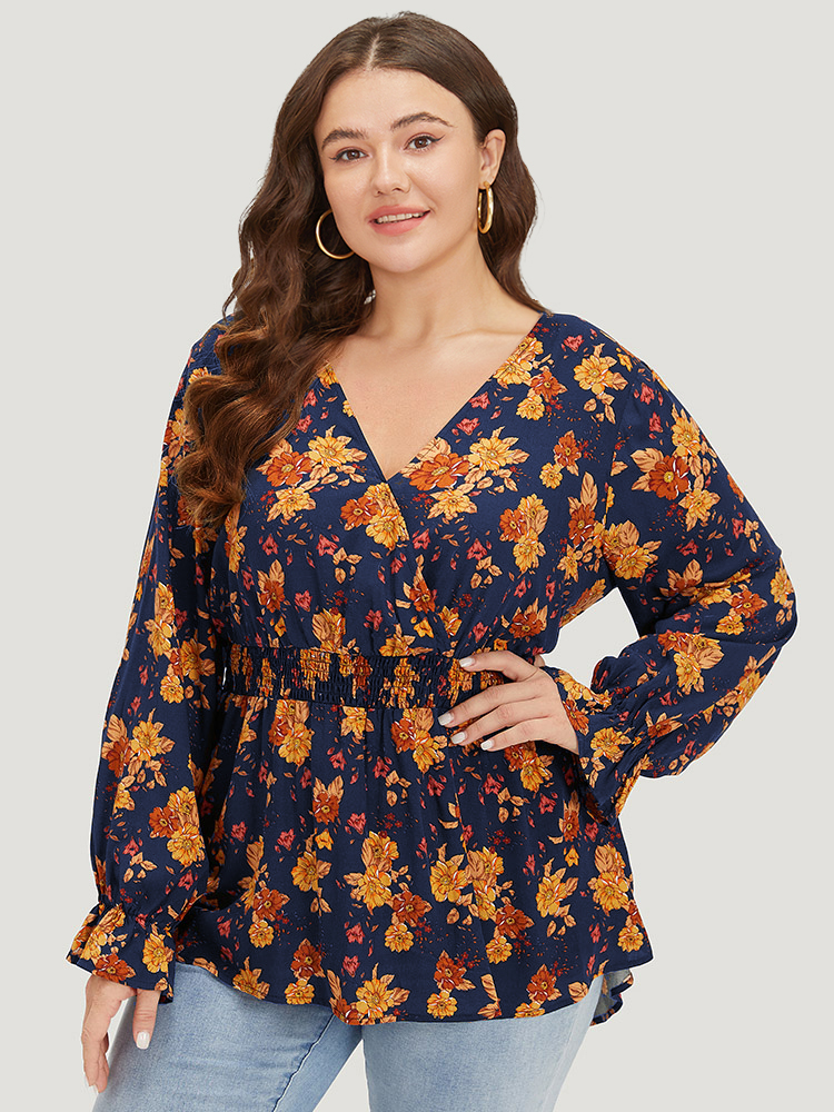 Plus Size Indigo Floral Print Wrap Shirred Lantern Sleeve Blouse Women Vacation Long Sleeve V-neck Dailywear Blouses BloomChic 22-24/3X 
